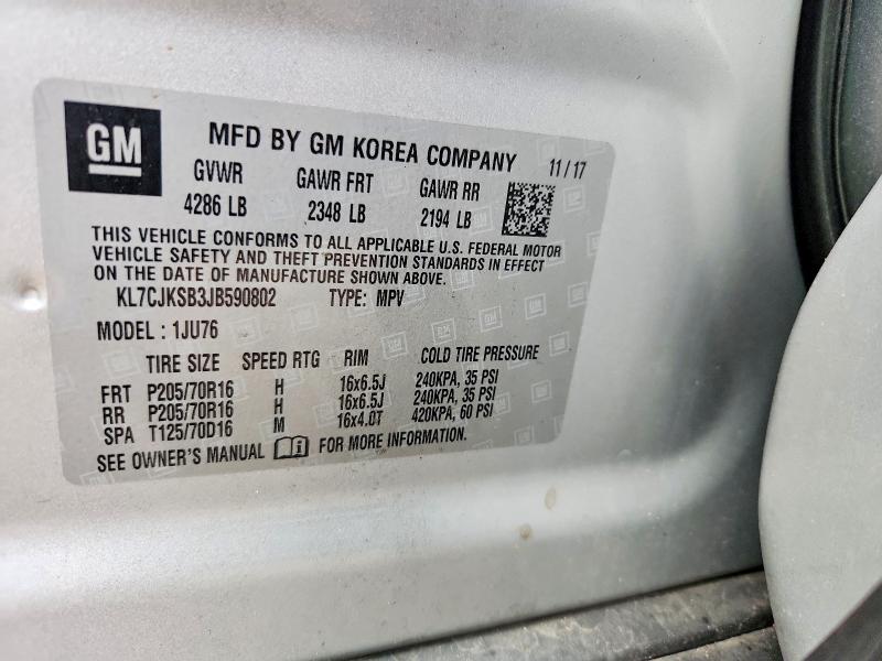 Aukcja sprzedaży 2018 Chevrolet Trax, vin: KL7CJKSB3JB590802, numer aukcji: 68811506