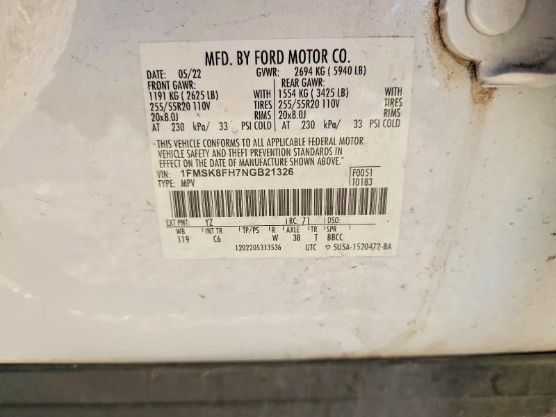 68543176 :رقم المزاد ، 1FMSK8FH7NGB21326 vin ، 2022 Ford Explorer مزاد بيع