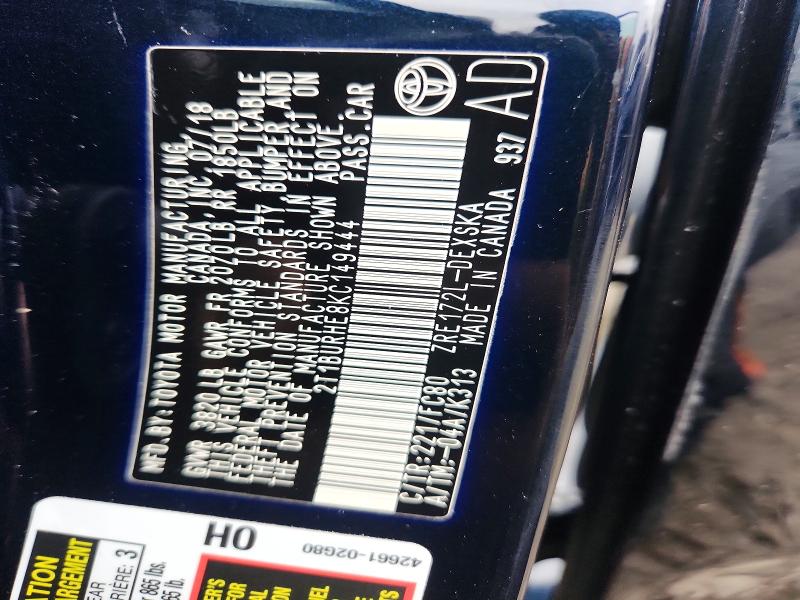 69711056 :رقم المزاد ، 2T1BURHE8KC149444 vin ، 2019 Toyota Corolla مزاد بيع