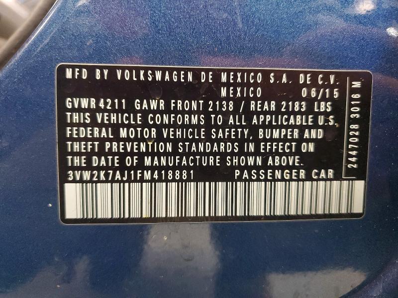 69359436 :رقم المزاد ، 3VW2K7AJ1FM418881 vin ، 2015 Volkswagen Jetta مزاد بيع