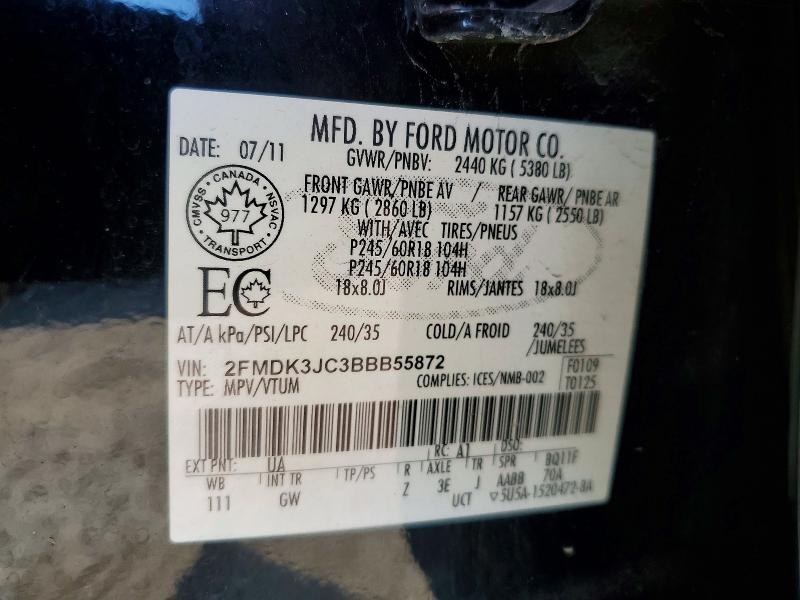 2011 Ford Edge მანქანა იყიდება აუქციონზე, vin: 2FMDK3JC3BBB55872, აუქციონის ნომერი: 69737396