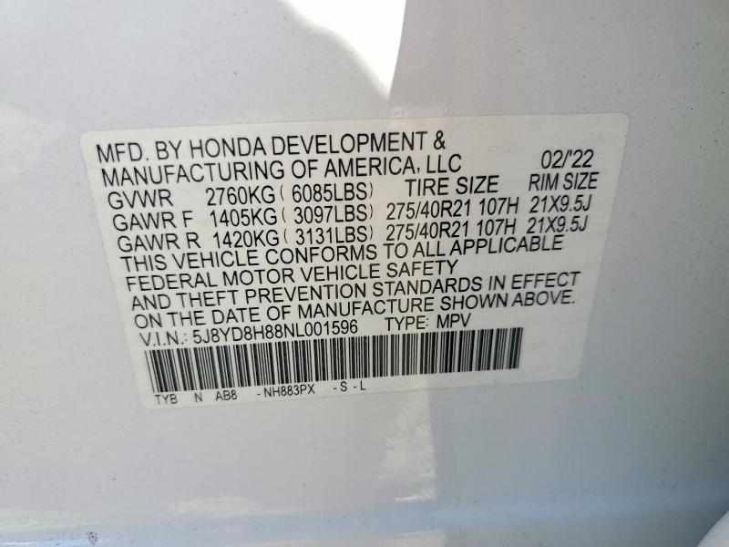 Aukcja sprzedaży 2022 Acura Mdx, vin: 5J8YD8H88NL001596, numer aukcji: 69238226