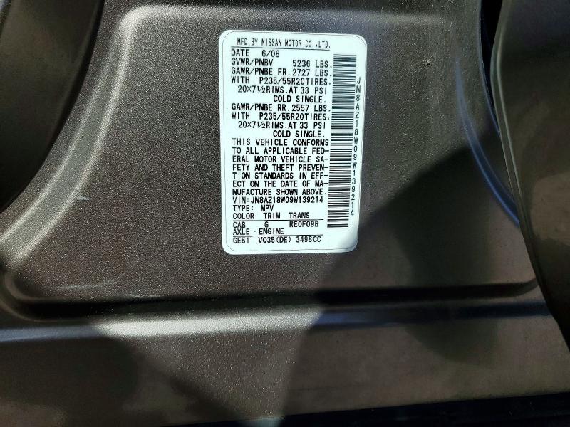 68979996 :رقم المزاد ، JN8AZ18W09W139214 vin ، 2009 Nissan Murano مزاد بيع
