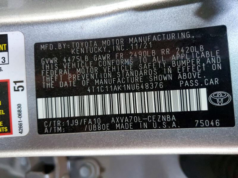 70719736 :رقم المزاد ، 4T1C11AK1NU648376 vin ، 2022 Toyota Camry مزاد بيع