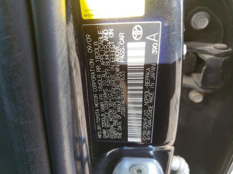 Aukcja sprzedaży 2010 Toyota Yaris, vin: JTDBT4K3XA1357633, numer aukcji: 68645436