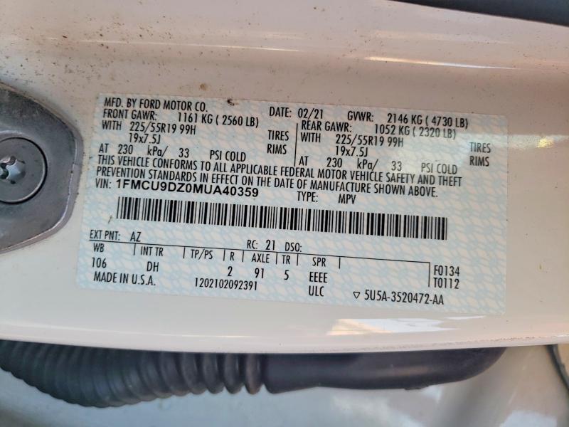 2021 Ford Escape მანქანა იყიდება აუქციონზე, vin: 1FMCU9DZ0MUA40359, აუქციონის ნომერი: 68292446