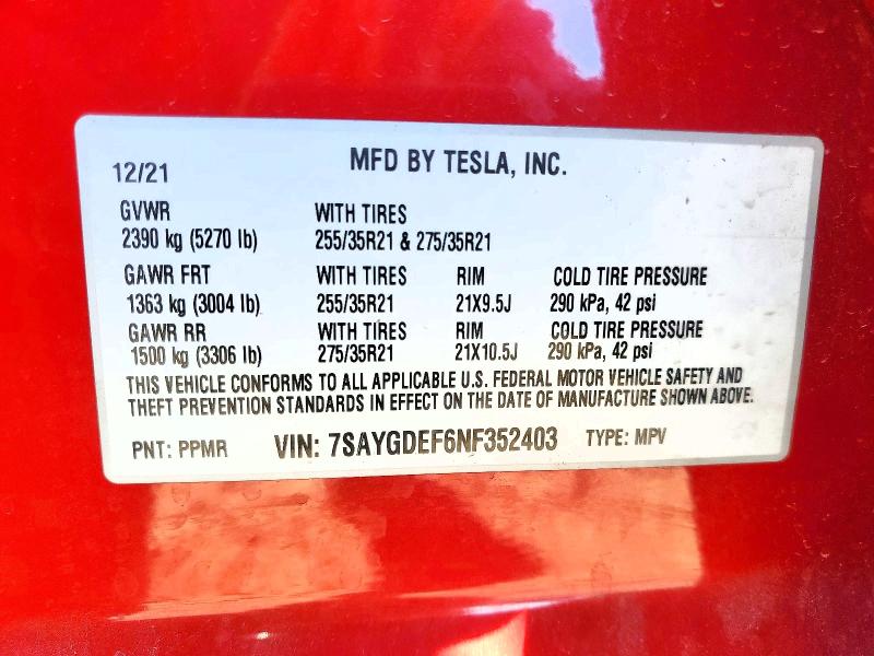 70555156 :رقم المزاد ، 7SAYGDEF6NF352403 vin ، 2022 Tesla Model Y مزاد بيع