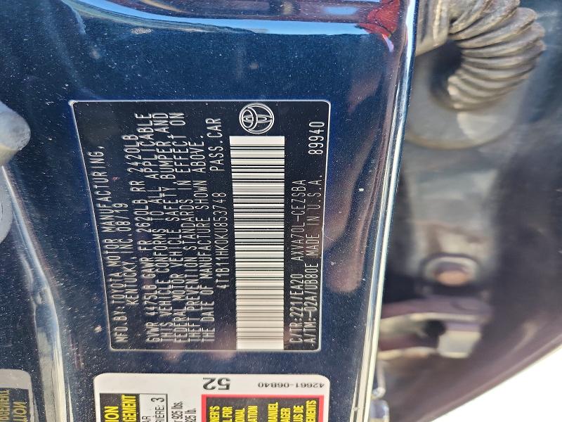 2019 Toyota Camry მანქანა იყიდება აუქციონზე, vin: 4T1B11HK0KU853748, აუქციონის ნომერი: 70722306