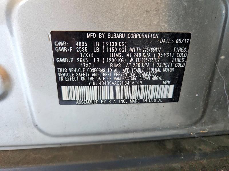 2017 Subaru Outback მანქანა იყიდება აუქციონზე, vin: 4S4BSAAC2H3416199, აუქციონის ნომერი: 69646376