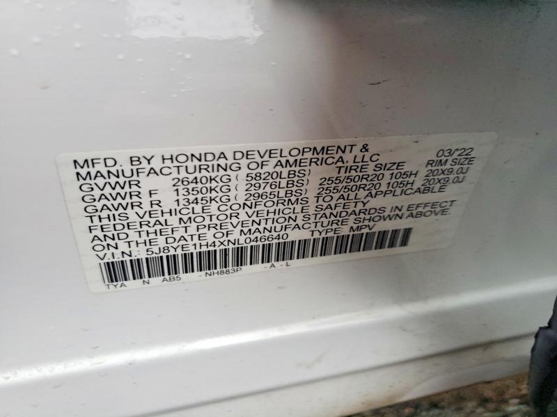 2022 Acura Mdx მანქანა იყიდება აუქციონზე, vin: 5J8YE1H4XNL046640, აუქციონის ნომერი: 67245986