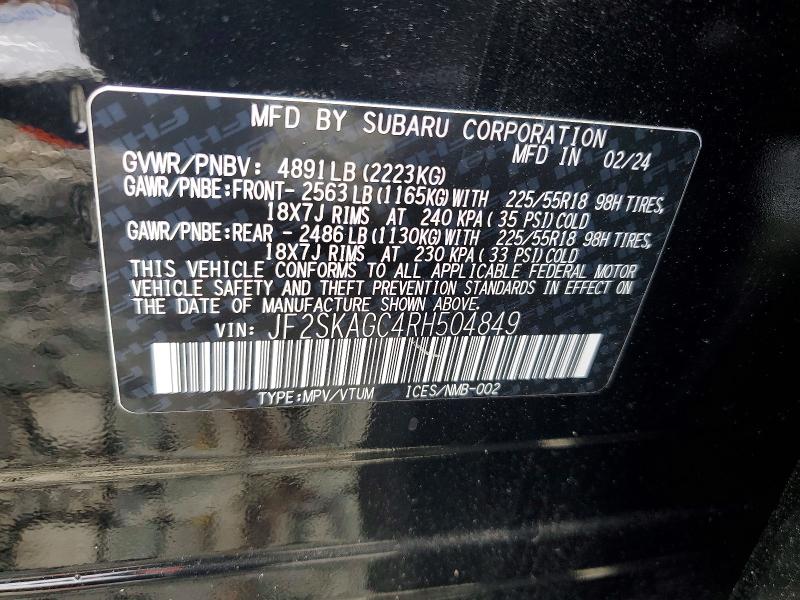 Продаж на аукціоні авто 2024 Subaru Forester, vin: JF2SKAGC4RH504849, номер лоту: 69329346