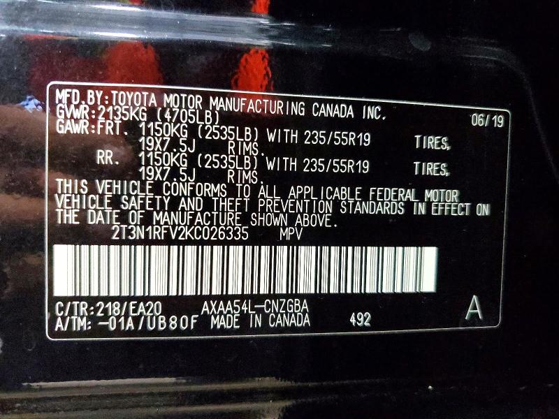 70406366 :رقم المزاد ، 2T3N1RFV2KC026335 vin ، 2019 Toyota Rav4 مزاد بيع