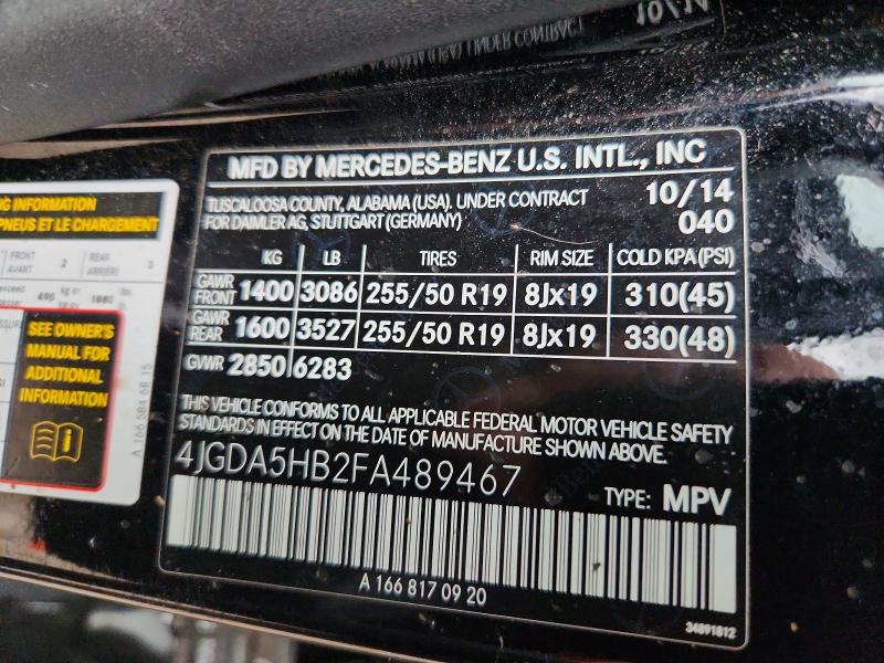 67536966 :رقم المزاد ، 4JGDA5HB2FA489467 vin ، 2015 Mercedes-benz Ml مزاد بيع