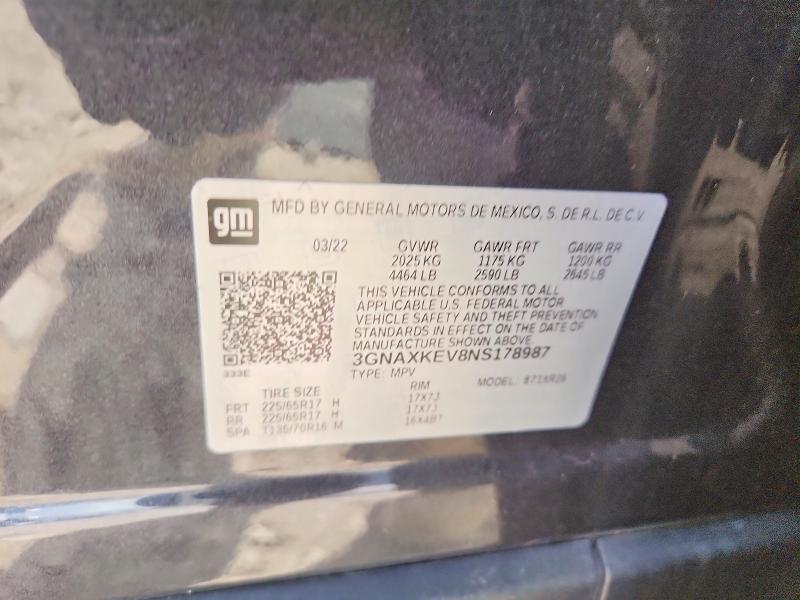 Aukcja sprzedaży 2022 Chevrolet Equinox, vin: 3GNAXKEV8NS178987, numer aukcji: 69302116