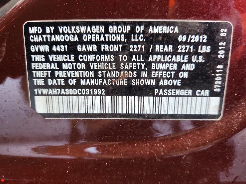 68747016 :رقم المزاد ، 1VWAH7A30DC031992 vin ، 2013 Volkswagen Passat مزاد بيع