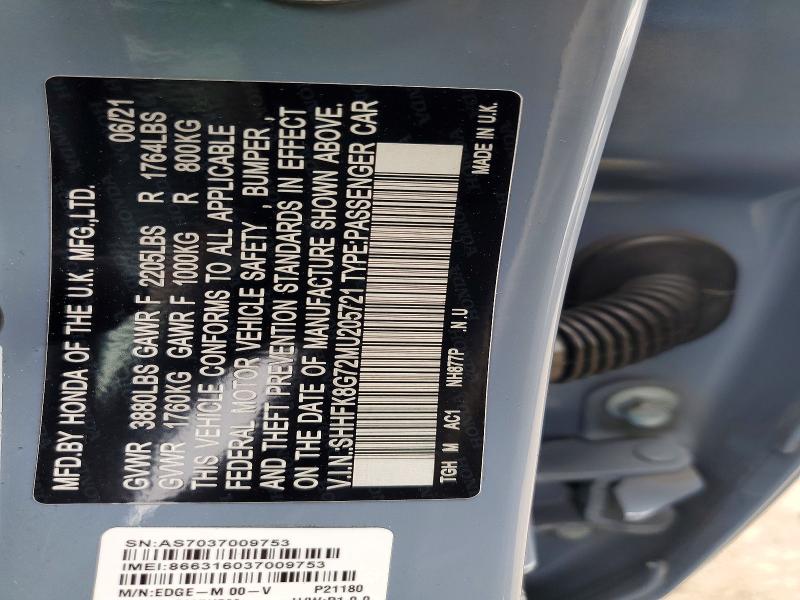 Aukcja sprzedaży 2021 Honda Civic, vin: SHHFK8G72MU205721, numer aukcji: 67556596