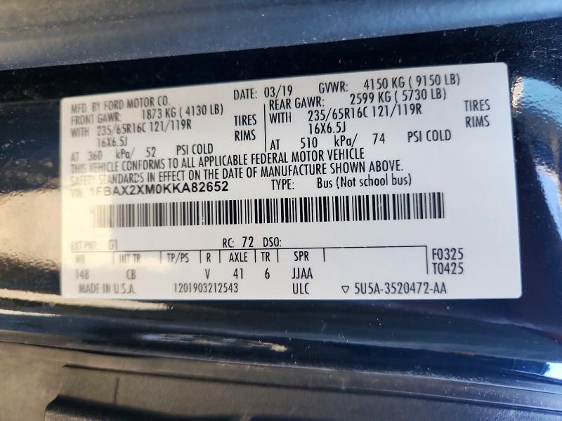 68039606 :رقم المزاد ، 1FBAX2XM0KKA82652 vin ، 2019 Ford Transit مزاد بيع