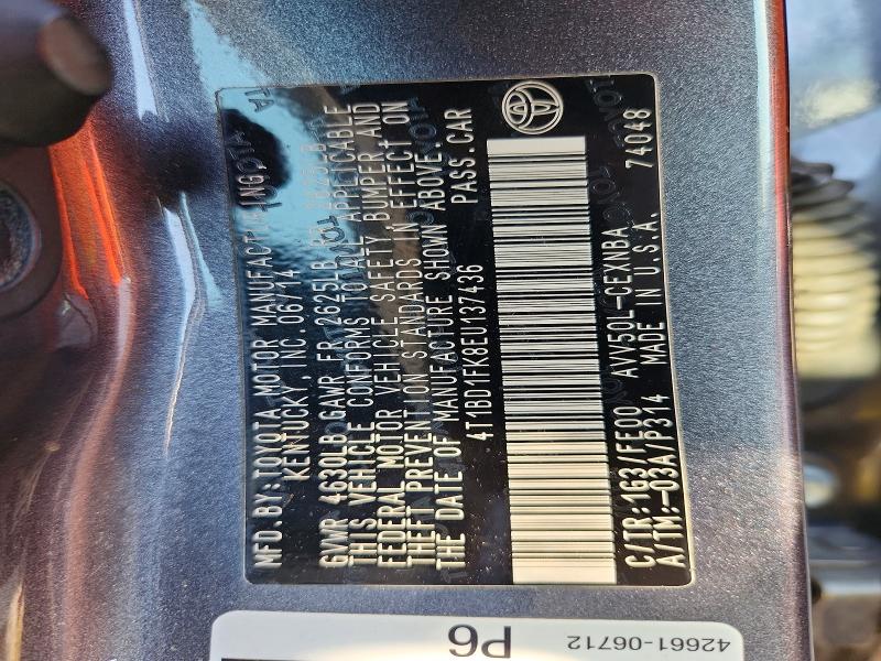 69449986 :رقم المزاد ، 4T1BD1FK8EU137436 vin ، 2014 Toyota Camry Hybrid مزاد بيع