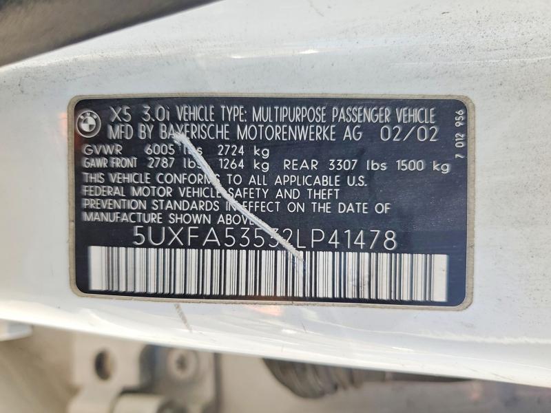 68501006 :رقم المزاد ، 5UXFA53532LP41478 vin ، 2002 Bmw X5 مزاد بيع