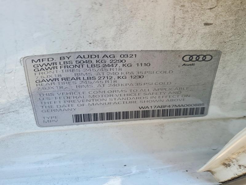68953116 :رقم المزاد ، WA17ABF47MA060885 vin ، 2021 Audi A4 Allroad مزاد بيع