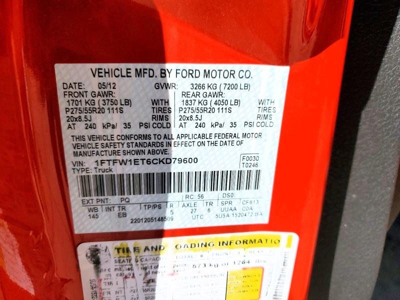 69805116 :رقم المزاد ، 1FTFW1ET6CKD79600 vin ، 2012 Ford F150 مزاد بيع