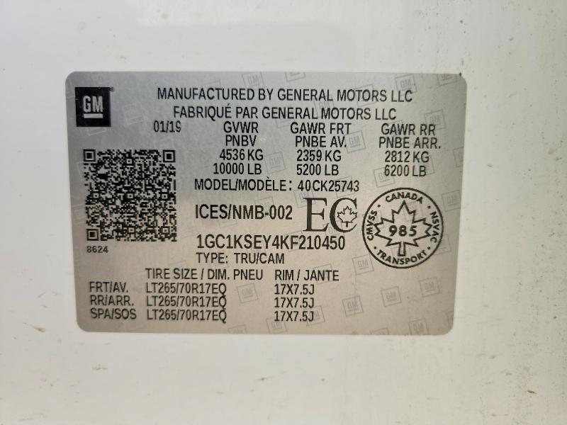 67324646 :رقم المزاد ، 1GC1KSEY4KF210450 vin ، 2019 Chevrolet Silverado مزاد بيع
