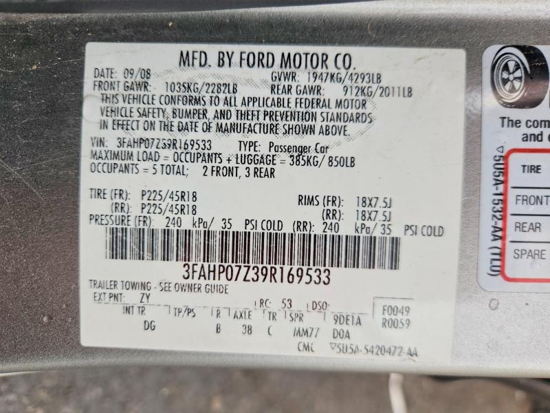 70104006 :رقم المزاد ، 3FAHP07Z39R169533 vin ، 2009 Ford Fusion مزاد بيع