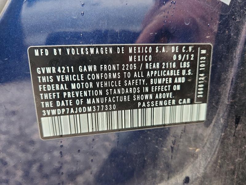 2013 Volkswagen Jetta მანქანა იყიდება აუქციონზე, vin: 3VWDP7AJ0DM377330, აუქციონის ნომერი: 69203946