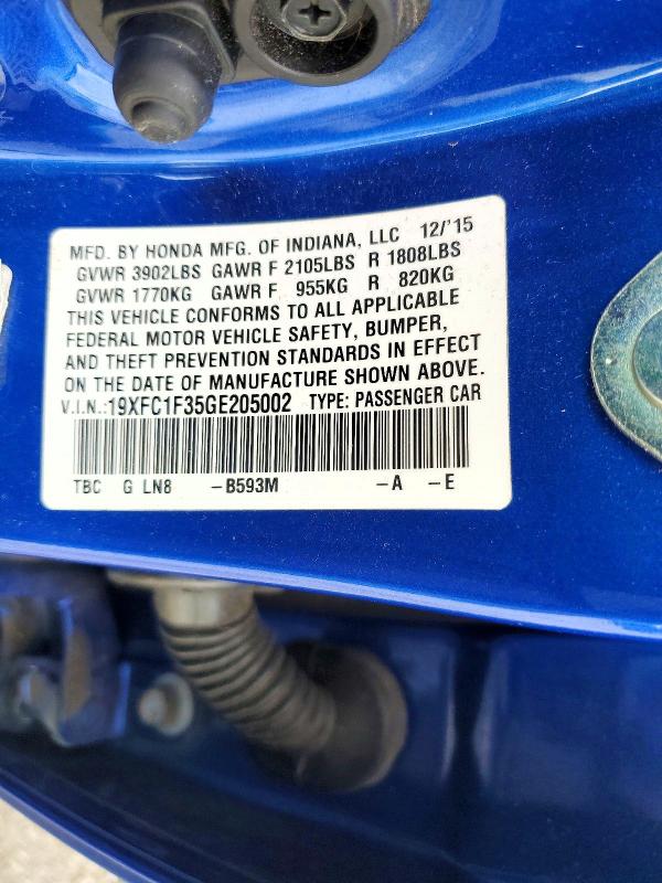 Продажа на аукционе авто 2016 Honda Civic, vin: 19XFC1F35GE205002, номер лота: 70096146