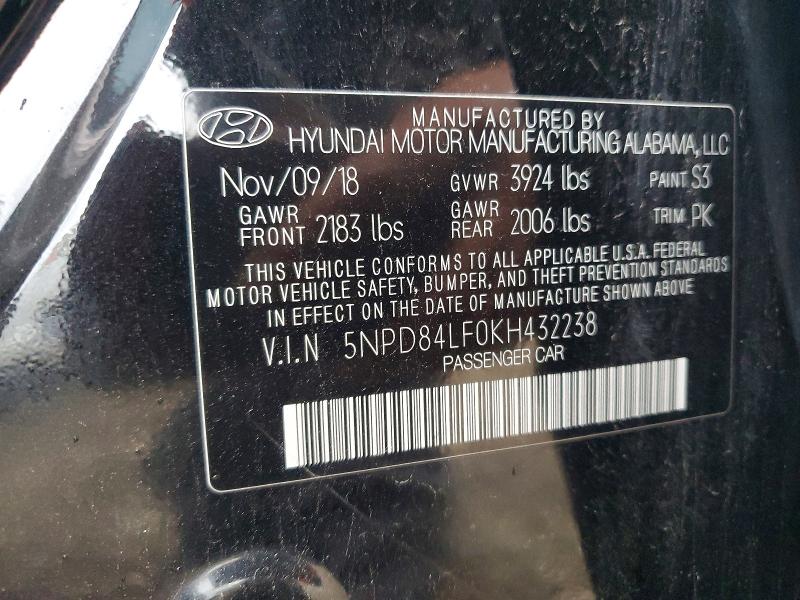 2019 Hyundai Elantra მანქანა იყიდება აუქციონზე, vin: 5NPD84LF0KH432238, აუქციონის ნომერი: 69558516