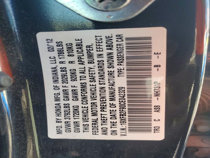 Продаж на аукціоні авто 2012 Honda Civic, vin: 19XFB2F90CE042329, номер лоту: 69103606