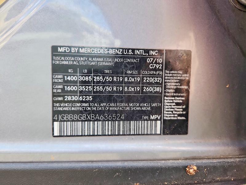 69899576 :رقم المزاد ، 4JGBB8GBXBA636524 vin ، 2011 Mercedes-benz Ml مزاد بيع