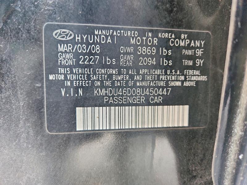 2008 Hyundai Elantra მანქანა იყიდება აუქციონზე, vin: KMHDU46D08U450447, აუქციონის ნომერი: 68280736
