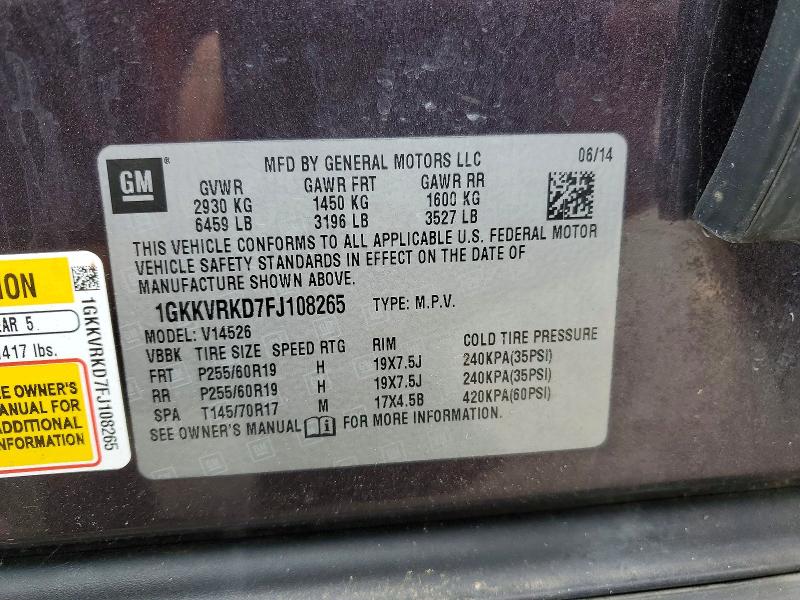 2015 Gmc Acadia მანქანა იყიდება აუქციონზე, vin: 1GKKVRKD7FJ108265, აუქციონის ნომერი: 70914666