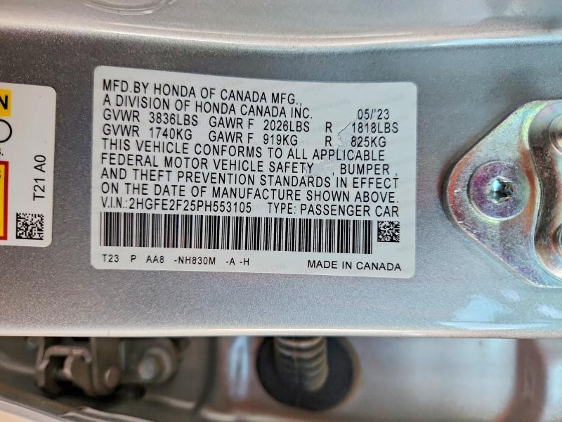 Продаж на аукціоні авто 2023 Honda Civic, vin: 2HGFE2F25PH553105, номер лоту: 67210326