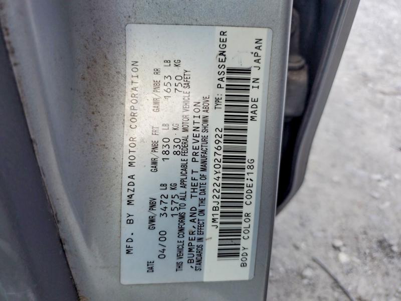 2000 Mazda Protege მანქანა იყიდება აუქციონზე, vin: JM1BJ2224Y0276922, აუქციონის ნომერი: 67143476