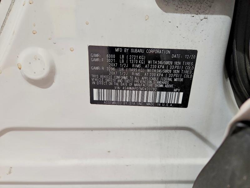 Aukcja sprzedaży 2021 Subaru Ascent, vin: 4S4WMAPD1M3433792, numer aukcji: 68393306
