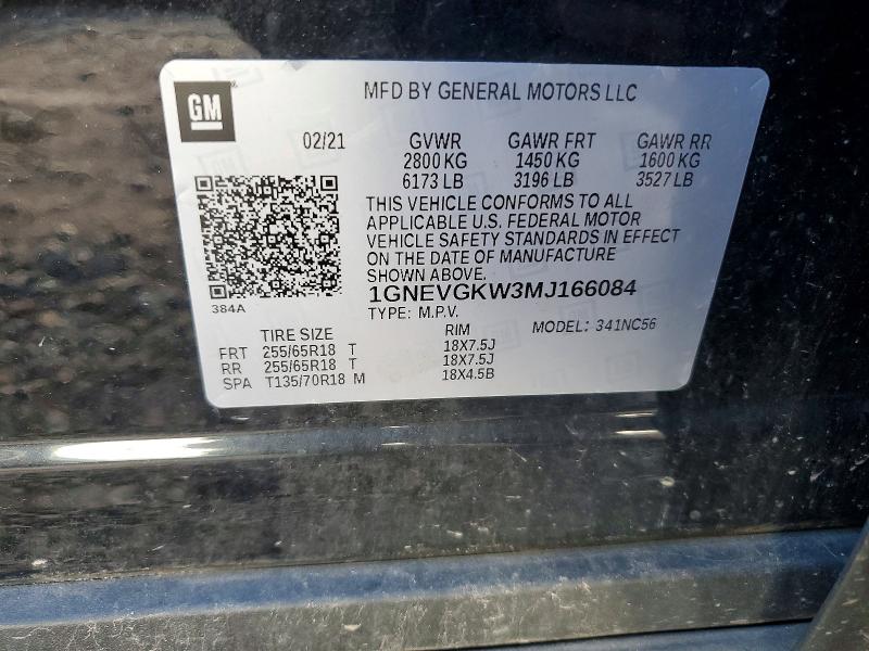 2021 Chevrolet Traverse მანქანა იყიდება აუქციონზე, vin: 1GNEVGKW3MJ166084, აუქციონის ნომერი: 67879736