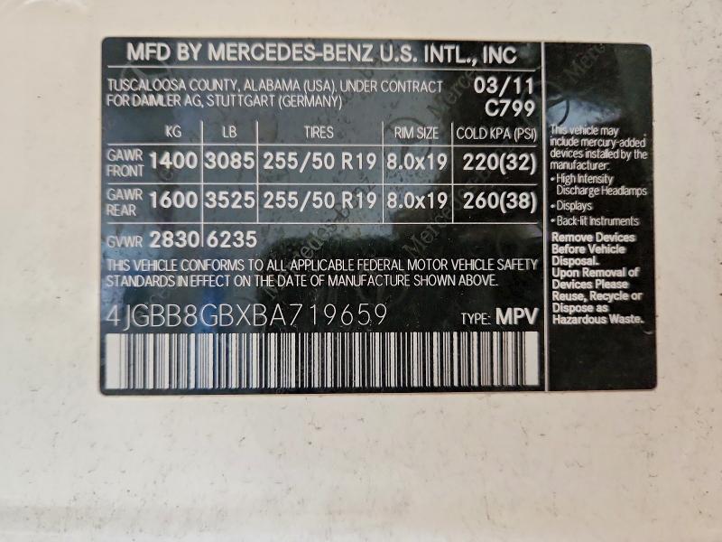 67404516 :رقم المزاد ، 4JGBB8GBXBA719659 vin ، 2011 Mercedes-benz Ml مزاد بيع