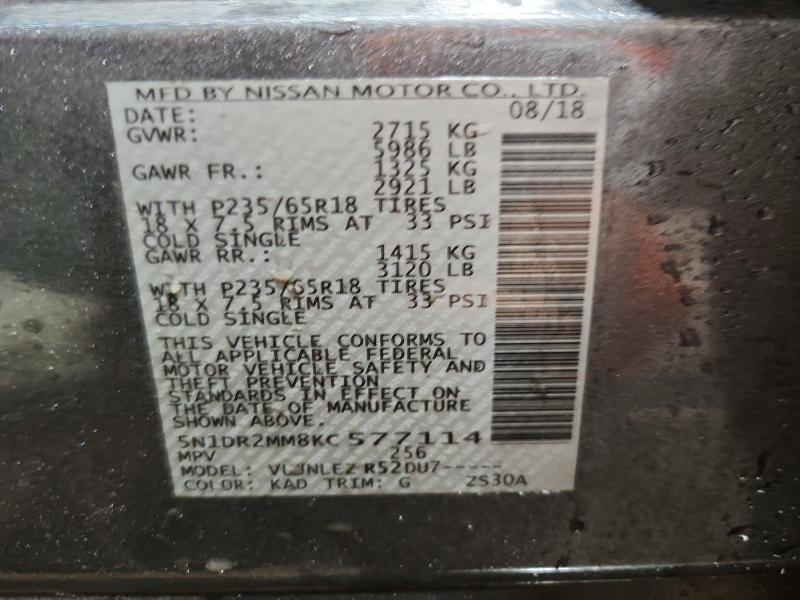 2019 Nissan Pathfinder მანქანა იყიდება აუქციონზე, vin: 5N1DR2MM8KC577114, აუქციონის ნომერი: 70102566
