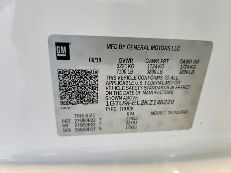 70747206 :رقم المزاد ، 1GTU9FEL2KZ146220 vin ، 2019 Gmc Sierra مزاد بيع