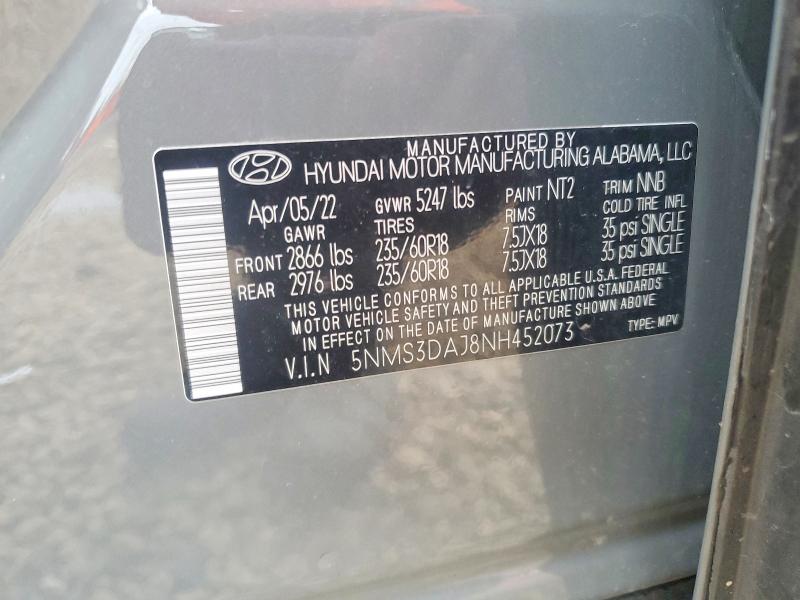 Aukcja sprzedaży 2022 Hyundai Santa Fe, vin: 5NMS3DAJ8NH452073, numer aukcji: 69823966
