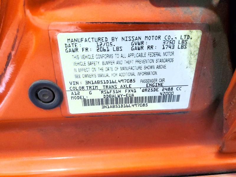Продаж на аукціоні авто 2006 Nissan Sentra, vin: 3N1AB51D16L497085, номер лоту: 69391636