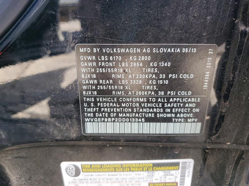 67087486 :رقم المزاد ، WVGEF9BP2DD013345 vin ، 2013 Volkswagen Touareg مزاد بيع