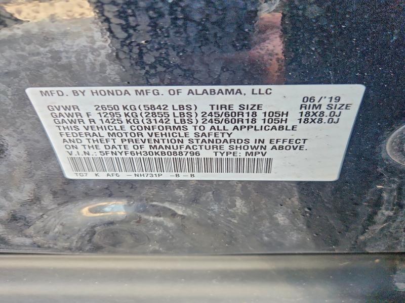 68513696 :رقم المزاد ، 5FNYF6H30KB088796 vin ، 2019 Honda Pilot مزاد بيع