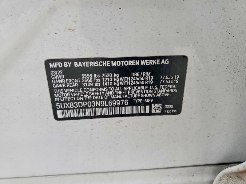 2022 Bmw X3 მანქანა იყიდება აუქციონზე, vin: 5UX83DP03N9L69976, აუქციონის ნომერი: 70499446