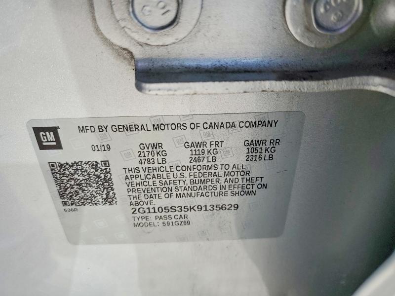 68949666 :رقم المزاد ، 2G1105S35K9135629 vin ، 2019 Chevrolet Impala Pre مزاد بيع