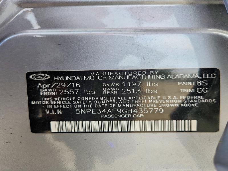 2016 Hyundai Sonata მანქანა იყიდება აუქციონზე, vin: 5NPE34AF9GH435779, აუქციონის ნომერი: 69539316