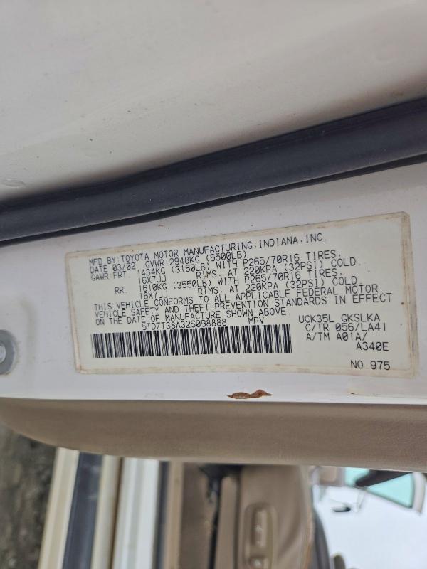 Aukcja sprzedaży 2002 Toyota Sequoia, vin: 5TDZT38A32S098888, numer aukcji: 66972876