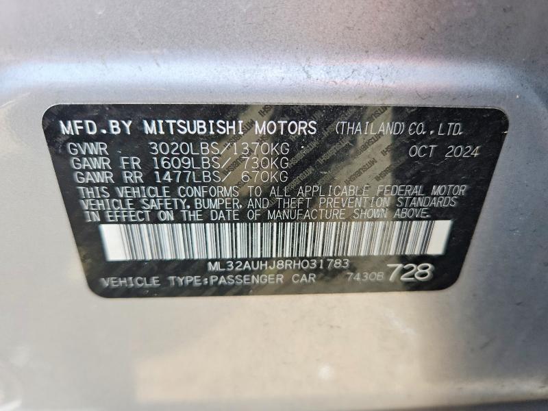 67504316 :رقم المزاد ، ML32AUHJ8RH031783 vin ، 2024 Mitsubishi Mirage مزاد بيع